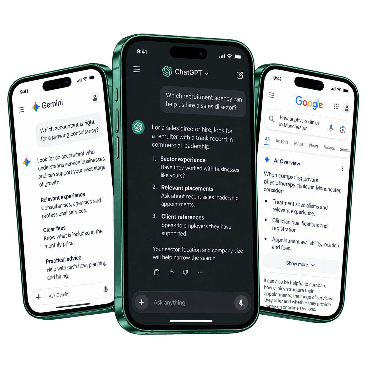 Three phones showing Gemini, ChatGPT and Google AI Overviews answering questions about which business to choose
